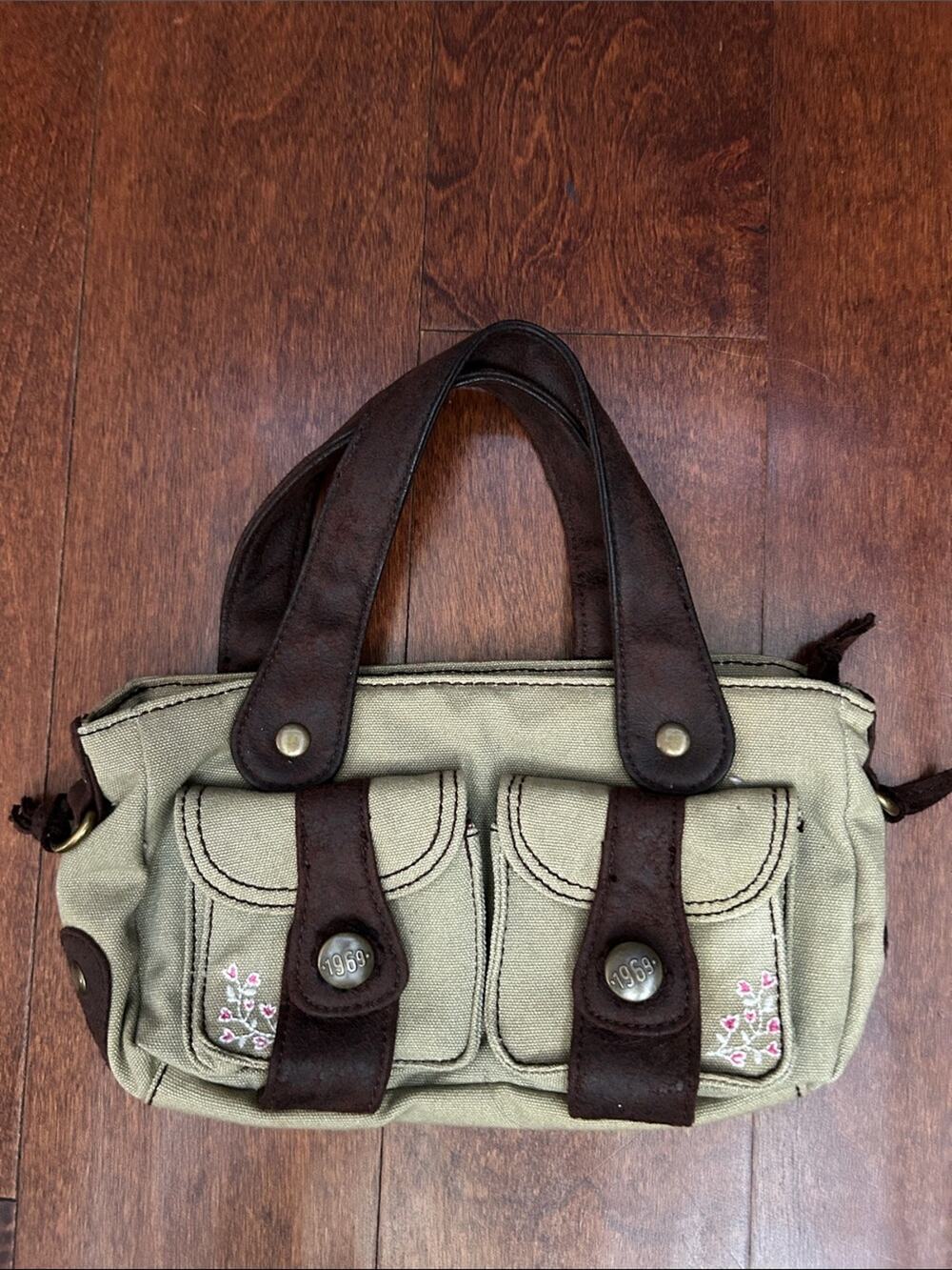 Vintage GAP Green Canvas Mini Handbag Dark Brown Trim and Embroidered Flowers